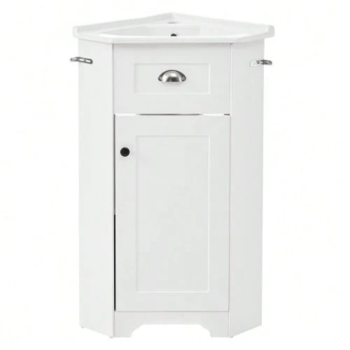 Space-Saving Bathroom Furniture, Freestanding Model With Single Basin, Waterproof MDF Structure, Ceramic Basin, Metal Handle, Melamine Non-Lacquered Surface, Bathroom Storage Unit, White. - White - View 1