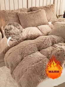 3pcs Solid Color Fluffy Comforter Set, Includes 1pc Plush Comforter Cover And 2pcs Pillow Shams, Suitable For Bedroom, Guest Room, Sizes: Super King, King, Queen, Twin, Christmas Gift - Earthy - View 1