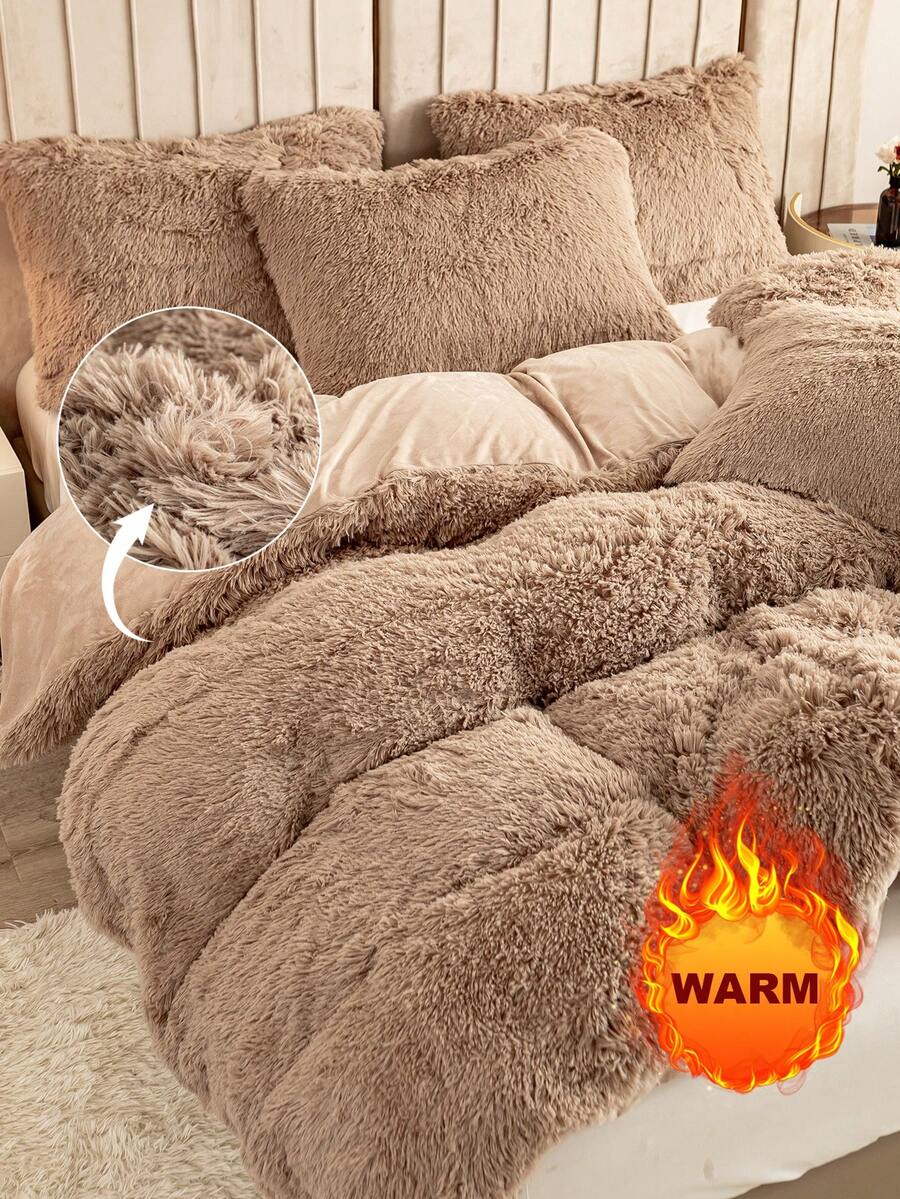 3pcs Solid Color Fluffy Comforter Set, Includes 1pc Plush Comforter Cover And 2pcs Pillow Shams, Suitable For Bedroom, Guest Room, Sizes: Super King, King, Queen, Twin, Christmas Gift - Earthy - View 1