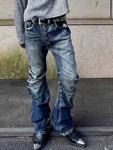 Retro Vintage Ripple Washed Men's Flared Jeans, Stacked Stretch Bootcut Fit, Stacked-Leg Wash-And-Wrinkle Denim Pants With Ice Texture Pattern - Dark Wash - View 1