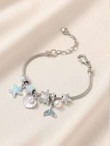 1pc Women's Adjustable Everyday Bracelet With Gold Rhinestone Butterfly, Heart & Lollipop Beaded Decor - Blue Ocean - View 6
