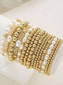 15件套多层镀金手链套装，混合珍珠串珠手链，适合女士和女孩，惊喜日常珠宝礼物 - 彩色 - 查看 2