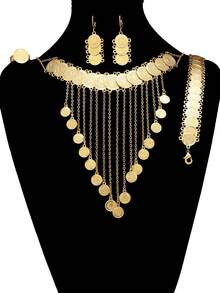 Bộ trang sức cổ điển hình đồng xu 5 món, gồm dây chuyền, vòng tay, bông tai và nhẫn mạ vàng đồng. Được trang trí bằng họa tiết hình tròn. Thích hợp cho phụ nữ Ả Rập và Trung Đông đeo hàng ngày. - Vàng - Xem 3