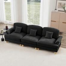 Canapé 3 places d'inspiration mid-century en chenille noire - Élégance rétro avec ses accoudoirs entonnoir, sa jupe à volants amovible et ses pieds fuseau emblématiques - défaut - Voir 7
