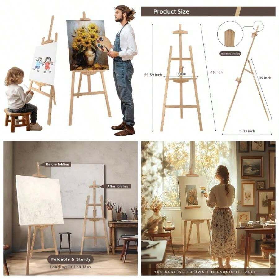 Adjustable Natural Pine Wooden Painting Basic Easel, Pine Art Easel Stand Hold To 43'' Painting Canvas Wedding Sign And Poster, Drawing Adults, Begginners And Students - New Type - 1 - View 1