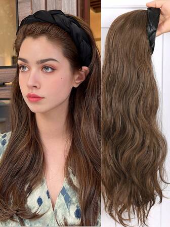 Large Wave Synthetic Wig With Black Braided Headband - 22-Inch Removable Synthetic Hair, Easy To Wear, Long Wave Top For Everyday And Party Use (Natural Black, Brown)