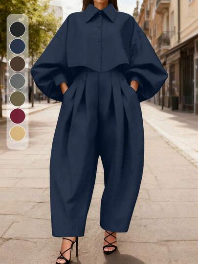2pcs Plus Size Women's Set - Lantern Sleeve Solid Color Lapel Button Design Short Blouse Top + Pocket Ruched Long Pants, Suitable For Commuting/Business/Office, Spring/Autumn