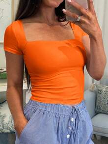 Vaiaye 女士纯色针织方领性感修身 Y2K 圣诞节新年感恩节 T 恤 - 橘色 - 查看 10