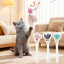 3 piezas Juguetes divertidos para gatos con plumas, varitas de juego interactivas con cascabeles para gatitos, vara de pesca de colores para mascotas, regalo de Navidad - Multicolor - Ver 1