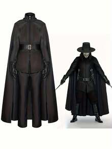 暗黑哥特式黑色斗篷服装套装，男士中世纪风格角色扮演服装，适合万圣节、化装舞会、角色扮演游戏、动漫展、化装舞会、新年派对等场合，暗黑美学风格服装 - 黑色 - 查看 1