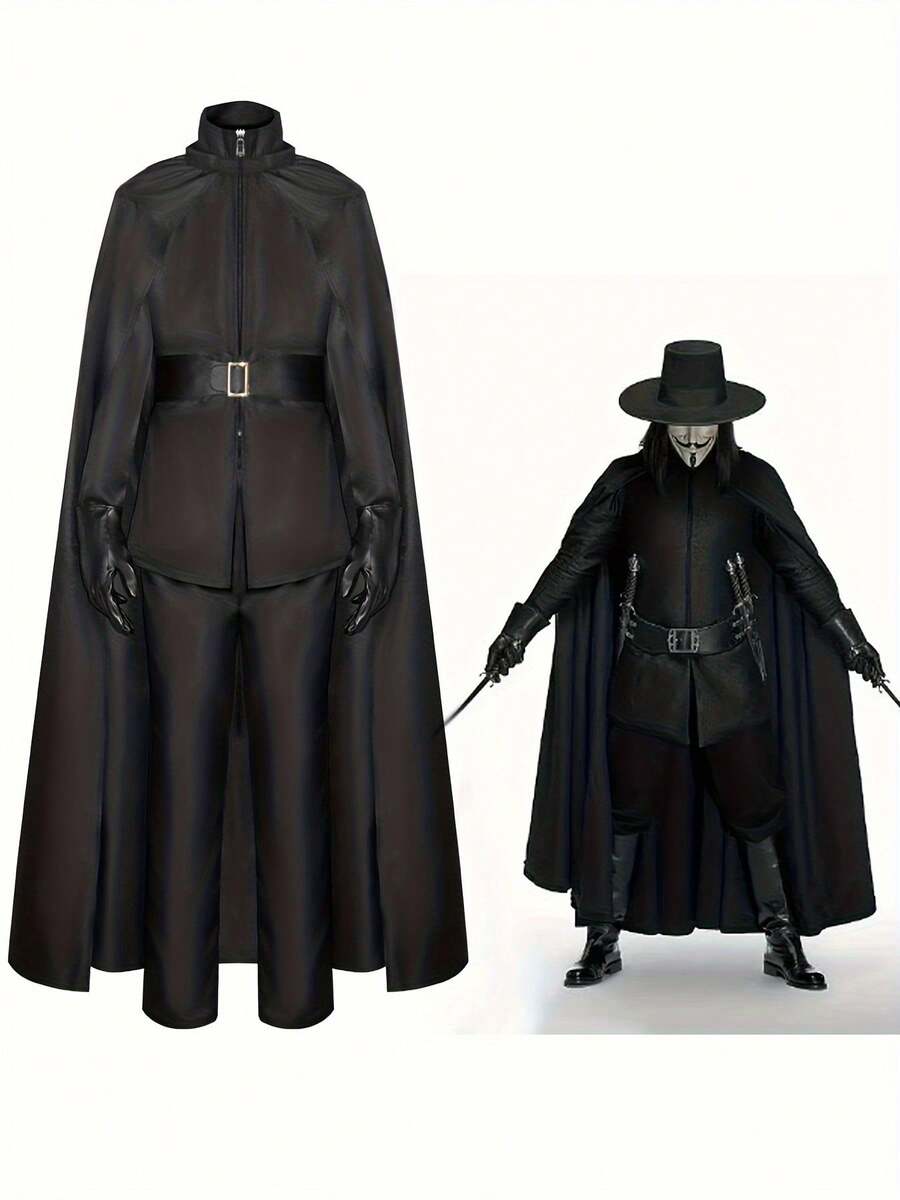暗黑哥特式黑色斗篷服装套装，男士中世纪风格角色扮演服装，适合万圣节、化装舞会、角色扮演游戏、动漫展、化装舞会、新年派对等场合，暗黑美学风格服装 - 黑色 - 查看 1
