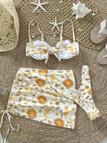 3pcs Sexy Fashion Cream & Brown Printed Set - Underwire Bra + High-Waist Panty + Drawstring Mini Skirt | Beach Vacation Swimwear - Yellow - View 6