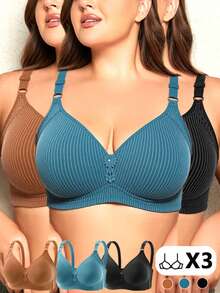 3pcs Striped Plus Size Bra Without Steel Ring Geometric Design, Women's Gathering Bra - Nhiều màu - Xem 1