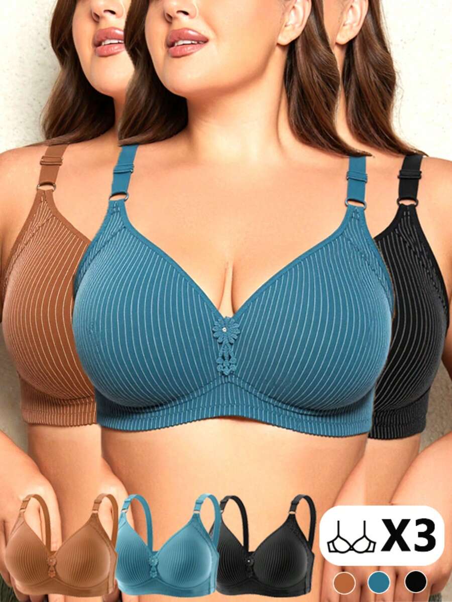 3pcs Striped Plus Size Bra Without Steel Ring Geometric Design, Women's Gathering Bra - Nhiều màu - Xem 1