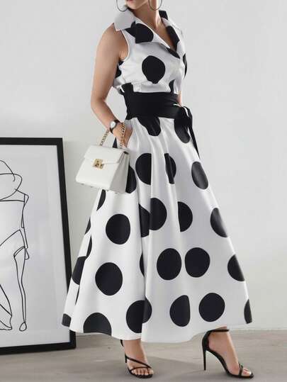 女士优雅V领波尔卡圆点撞色口袋无袖休闲连衣裙，适合通勤，秋季