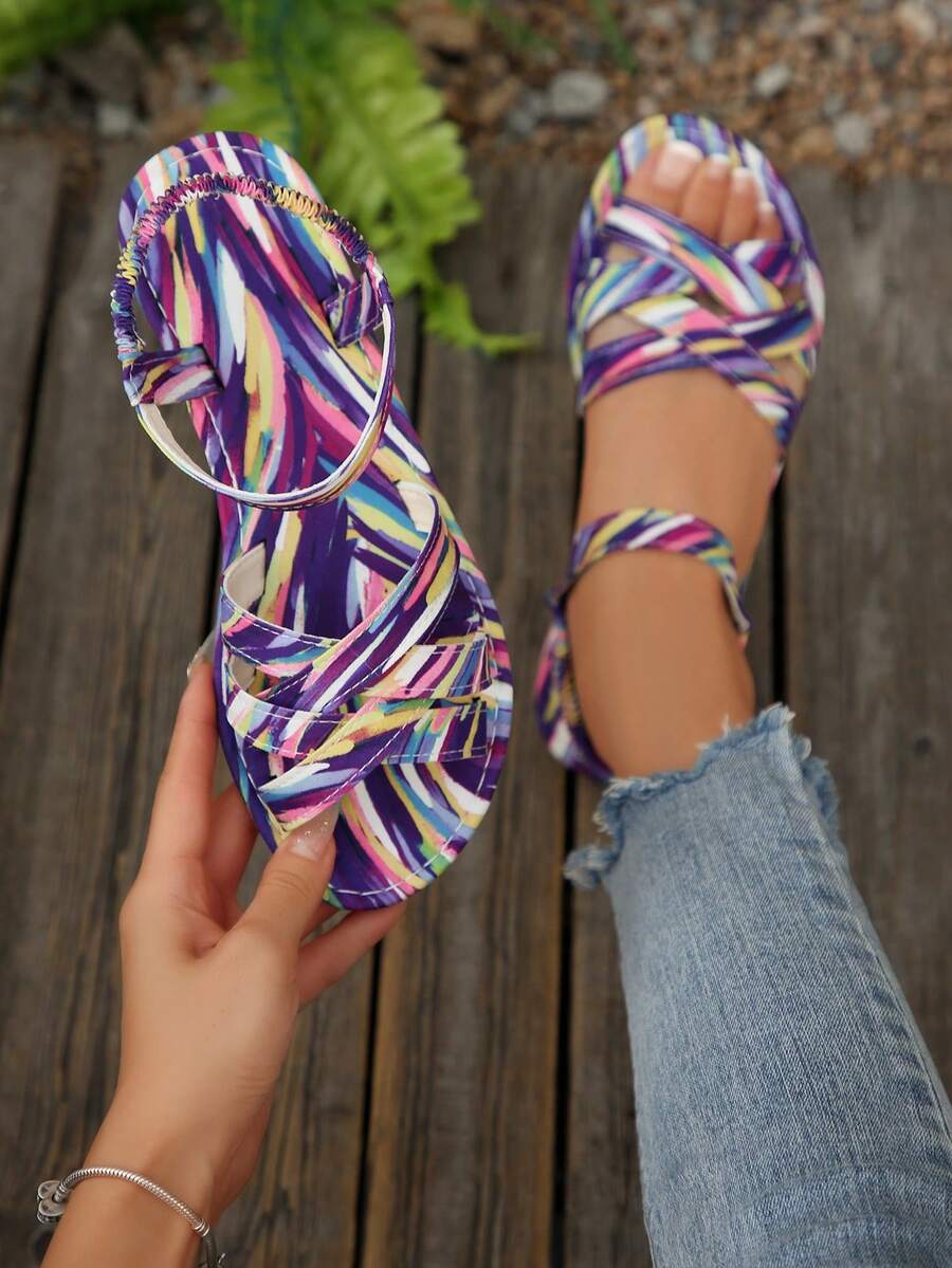 女士新款圆头套脚平底拖鞋，简约搭扣平底凉鞋，时尚简约平底凉鞋，舒适休闲旅行沙滩鞋，有白色、棕色、黑色、豹纹、花卉图案可选 - 彩色 - 查看 1