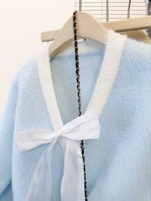 A Foreign Ribbon Neck Cardigan - Blue - View 6