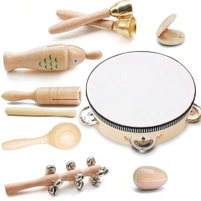 木制奥尔夫乐器玩具收纳袋，精细动作打击乐音乐教育，包含铃铛、鼓、沙蛋等。