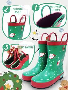Kinder Weihnachts Regenstiefel, grün mit Griffen, wasserdicht & leicht zu reinigen, tolles Weihnachtsgeschenk