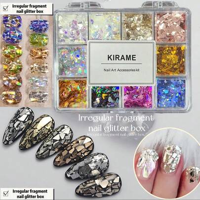  KIRAME 12色高品质不对称亚克力闪粉，适用于美甲、DIY美甲、美甲沙龙、美甲用品、圣诞美甲、新年美甲、节日礼物美甲