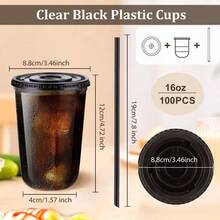 16oz Stemless Glasses With Flat Lids And Straws,PET Drinking Cups,Clear Plastic Wine Glasses For Parties Birthday,Wedding,Meeting,Christmas Party Supplies. - Black - View 2