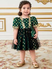 Vihyde 两件套女童套装 - 橄榄绿箔点印花网纱连衣裙和配套斜挎包 - 墨綠色 - 查看 1