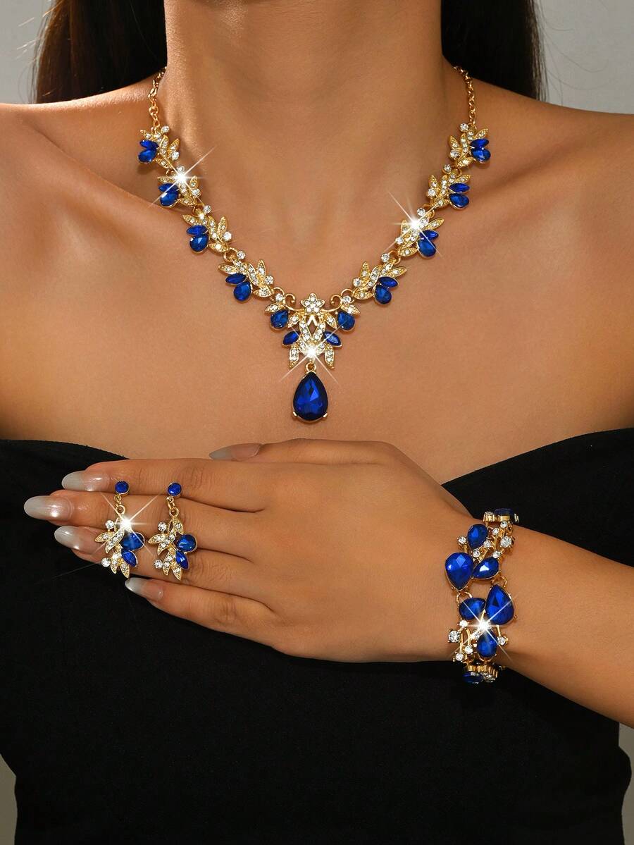 奢华婚礼派对女士礼服水钻装饰珠宝时尚闪亮项链耳环套装，舞会礼服珠宝配饰 - 金寶藍 - 查看 1