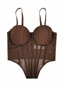 Fashionable Women's Rhinestone Punk Goth Style Bustier, Sexy Sequin Sheer Mesh Corset Top For Nightclub Casual Summer - Chocolate Brown - View 2