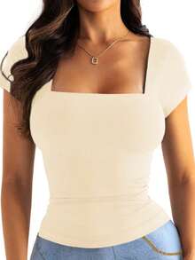 Vaiaye 女士纯色针织方领性感修身 Y2K 圣诞新年感恩节 T 恤休闲夏季款 - 杏色 - 查看 11