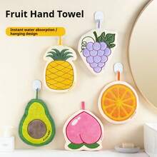 1条珊瑚绒水果图案挂式手巾，柔软不掉毛，水果图案，卡通图案，珊瑚绒材质，厚实吸水，挂式设计，无异味 - 彩色 - 查看 1