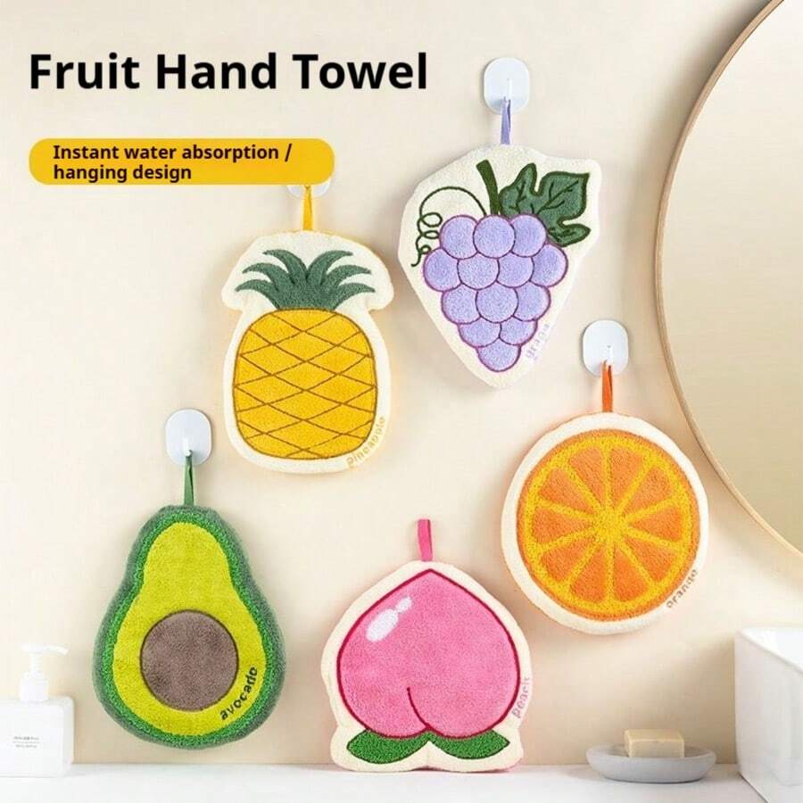 1条珊瑚绒水果图案挂式手巾，柔软不掉毛，水果图案，卡通图案，珊瑚绒材质，厚实吸水，挂式设计，无异味 - 彩色 - 查看 1