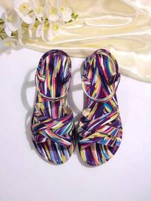 女士新款圆头套脚平底拖鞋，简约搭扣平底凉鞋，时尚简约平底凉鞋，舒适休闲旅行沙滩鞋，有白色、棕色、黑色、豹纹、花卉图案可选 - 彩色 - 查看 6