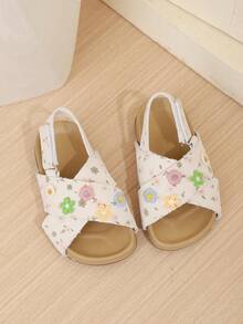 1 Pair Girls Cute Floral Open Toe Beach Sandals, Criss-Cross Strap Flat Casual Slip-On Slippers - Apricot - View 4