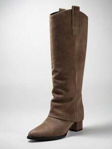 Fall/Winter 2025 New Stylish Pointed Toe Chunky Heel Side Zipper V-Cut Slim Fit Versatile Women's Tall Boots - Khaki - View 4