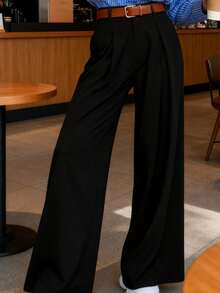 بنطلون نسائي واسع الساق طويل من قماش منسوج أسود بجيوب بدون إطالة