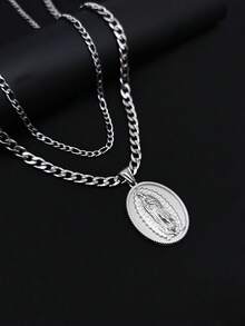 1pc Vintage Religious Virgin Mary Stainless Steel Pendant Necklace, Unique Personalized Protective Accessory, Layered Necklace For Men, Suitable As Birthday Gift - View 1