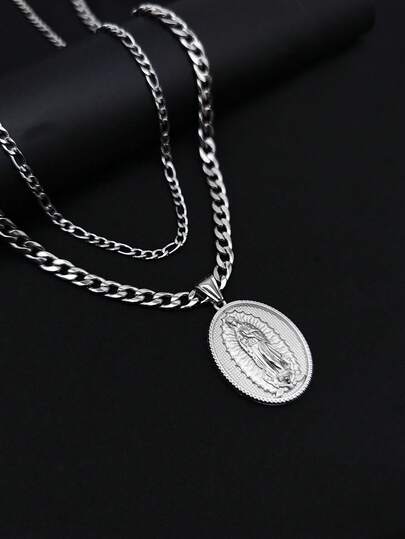 1 st vintage religiöst Jungfru Maria rostfritt stål hänge halsband, unikt personligt skyddande tillbehör, lager-på-lager halsband för män, lämplig som födelsedagspresent