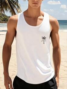 Modcrash Men's Summer Casual Letter & Palm Tree Print Round Neck Tank Top Spring To Summer - White - View 3