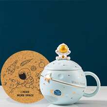 Tazza carina con motivo a astronauta, design a pianeta, rilievo spaziale, tazza da caffè in ceramica, coperchio originale con cucchiaio, adatta per caffè, tè e latte, divertente regalo di compleanno - Blu - Visualizzare 3