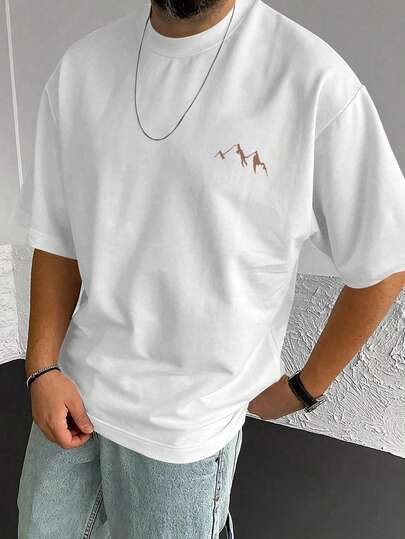 Men's Minimalist Mountain Silhouette Graphic Round Neck Short Sleeve White T-Shirt, Summer