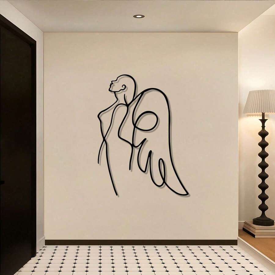 CIFbuy 1 件复古天使翅膀墙饰，女士专属 - 大型金属墙饰，圣诞家居装饰，适用于客厅、卧室、玄关 - 独特的现代线条艺术设计。适合房间装饰、墙面装饰、家居装饰、浴室装饰、咖啡吧必备品、墙面艺术、婚礼装饰。