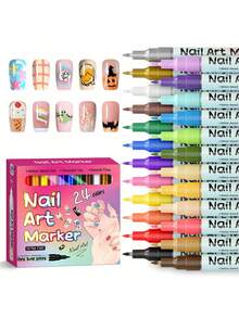 FLYSEA 12 kolorów markerów – precyzyjna końcówka 0,5 mm, odpowiednie do zdobienia paznokci, rysowania, szkicowania złożonych linii kwiatowych, geometrycznych lub ręcznie malowanych wzorów do projektów DIY