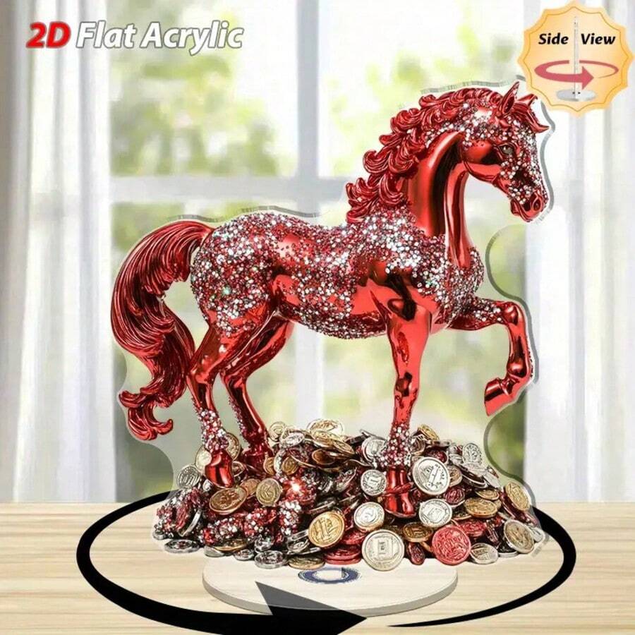 2D旋转红色骏马桌面摆件 - 闪亮装饰品，无需电源，适用于家居、办公室、派对 - 优雅现代室内装饰，桌面配件，2D平面，精致摆件，时尚点缀，简约设计，可旋转 - 彩色 - 查看 1