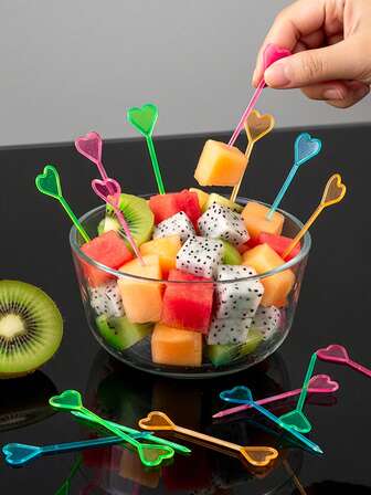 50/100/200支装多色水果签，心形水果串，牙签，心形鸡尾酒开胃菜签，食品签，三明治和饮料签，适用于节日、派对、生日、圣诞节、烧烤小吃和家庭聚会