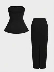 两件套优雅简约假日派对通勤日常商务套装，女士秋季束腰修身上衣和中长裙套装 - 黑色 - 查看 7