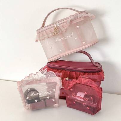 1 Túi lưới trong suốt đựng đồ trang điểm cho nữ, dễ thương, có viền ren, khóa kéo, tiện lợi khi đi du lịch, đựng son môi, đồ vệ sinh cá nhân