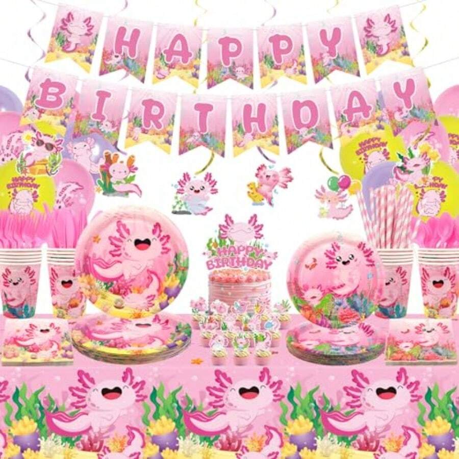 DPink Axolotl Birthday Party Decorations - Axolotl Party Plies Including Banner Plate Cake Topper Cup Napkin Balloon Tablecloth - Serves 20 - 粉色 - 查看 1