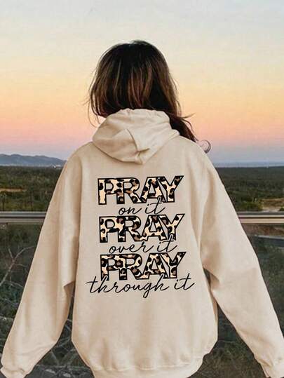 1pc Teen Girl Y2K Style Leopard "PRAY" Series Text Print Sweatshirt, Soft And Comfortable, Daily Leisure Wear