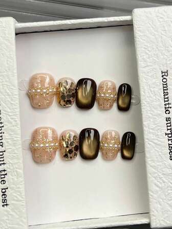 10ชิ้น เล็บแฮนด์เมด เล็บทรงสี่เหลี่ยม เล็บอะคริลิคแบบกด เล็บสีชมพูอ่อนโยนสั้น, Cateye สีน้ำตาล Flashy, ลายสก๊อต Cross, เลื่อมผงกลิตเตอร์ฝัง, แหวนมุกฝัง, เล็บแบบกดทำมือเรียบหรูหราสำหรับฤดูใบไม้ร่วง, สไตล์โมเดิร์น, เล็บอเนกประสงค์ DIY เล็บปลอมสำหรับงานปาร์ตี้ ใช้ได้ทุกวัน & ออกเดท เหมาะสำหรับพักผ่อนที่ชายหาดเขตร้อน ใช้ซ้ำได้, สำหรับผู้หญิง & เด็กผู้หญิง เป็นของขวัญ อุปกรณ์ทำเล็บ