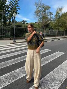 Seelio Autumn/Winter New Women's Fashion Minimalist Versatile Rhombus Pattern Polo Neck Long Sleeve Knit Sweater - Olive Green - View 3